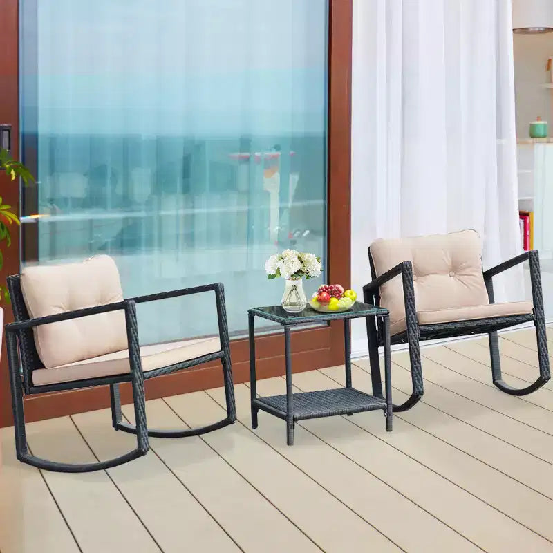 Ensemble de conversation de jardin Costway 3 pièces en rotin, fauteuil à bascule, canapé avec coussins, mobilier de jardin