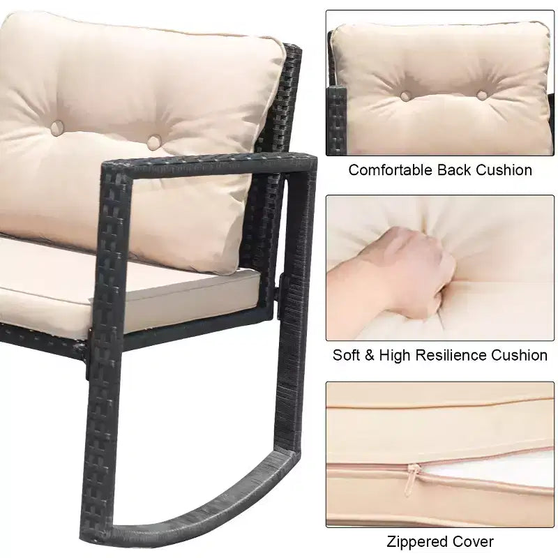 Ensemble de conversation de jardin Costway 3 pièces en rotin, fauteuil à bascule, canapé avec coussins, mobilier de jardin
