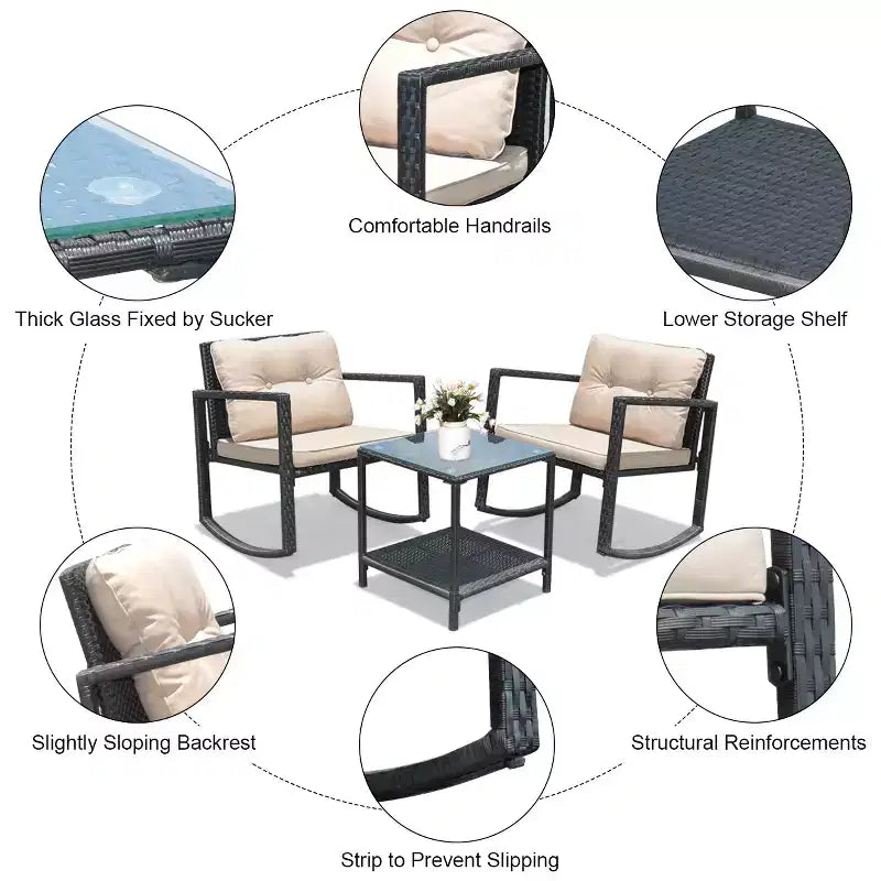 Ensemble de conversation de jardin Costway 3 pièces en rotin, fauteuil à bascule, canapé avec coussins, mobilier de jardin