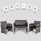 Costway 4 részes teraszos rattanbútor-garnitúra, beszélgetőgarnitúra üvegasztallappal, párnázott, türkiz/piros/szürke/bézs/tengerészkék/fekete