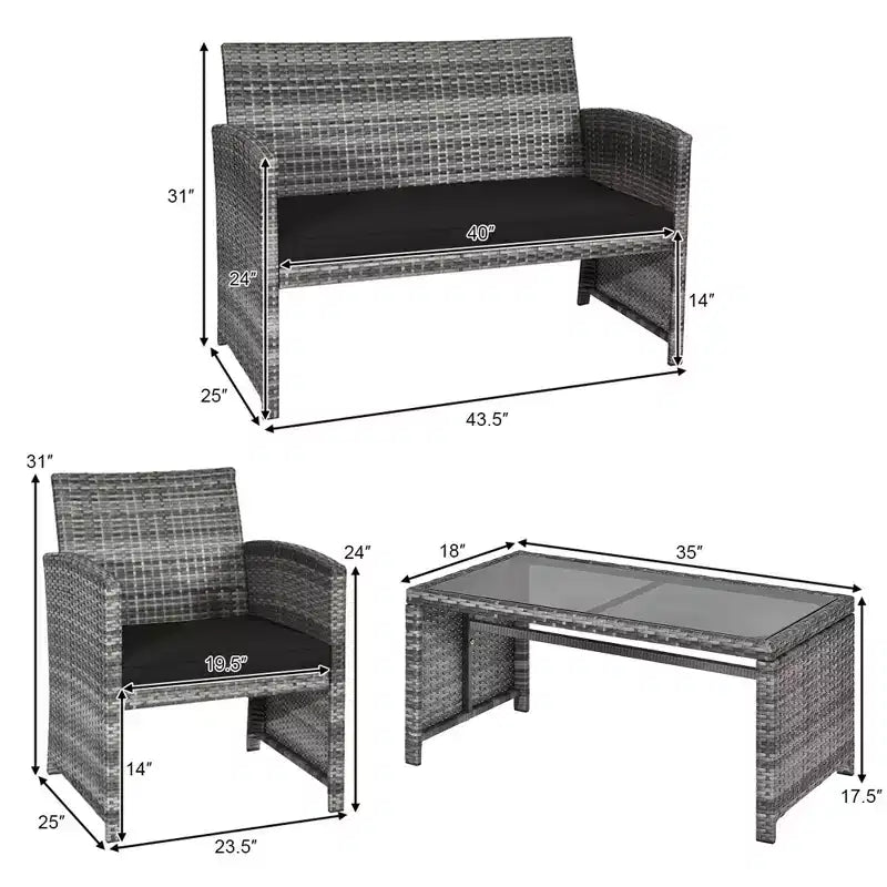 Costway 4 részes teraszos rattanbútor-garnitúra, beszélgetőgarnitúra üvegasztallappal, párnázott, türkiz/piros/szürke/bézs/tengerészkék/fekete