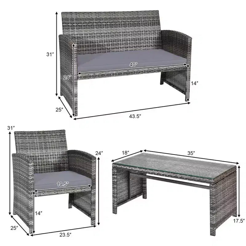 Costway 4 részes teraszos rattanbútor-garnitúra, beszélgetőgarnitúra üvegasztallappal, párnázott, türkiz/piros/szürke/bézs/tengerészkék/fekete