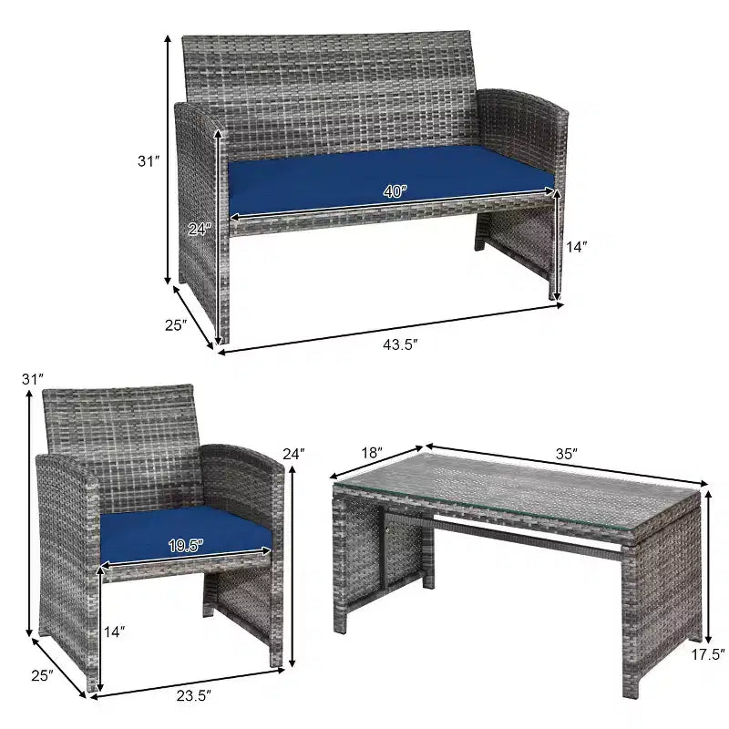 Costway 4 részes teraszos rattanbútor-garnitúra, beszélgetőgarnitúra üvegasztallappal, párnázott, türkiz/piros/szürke/bézs/tengerészkék/fekete