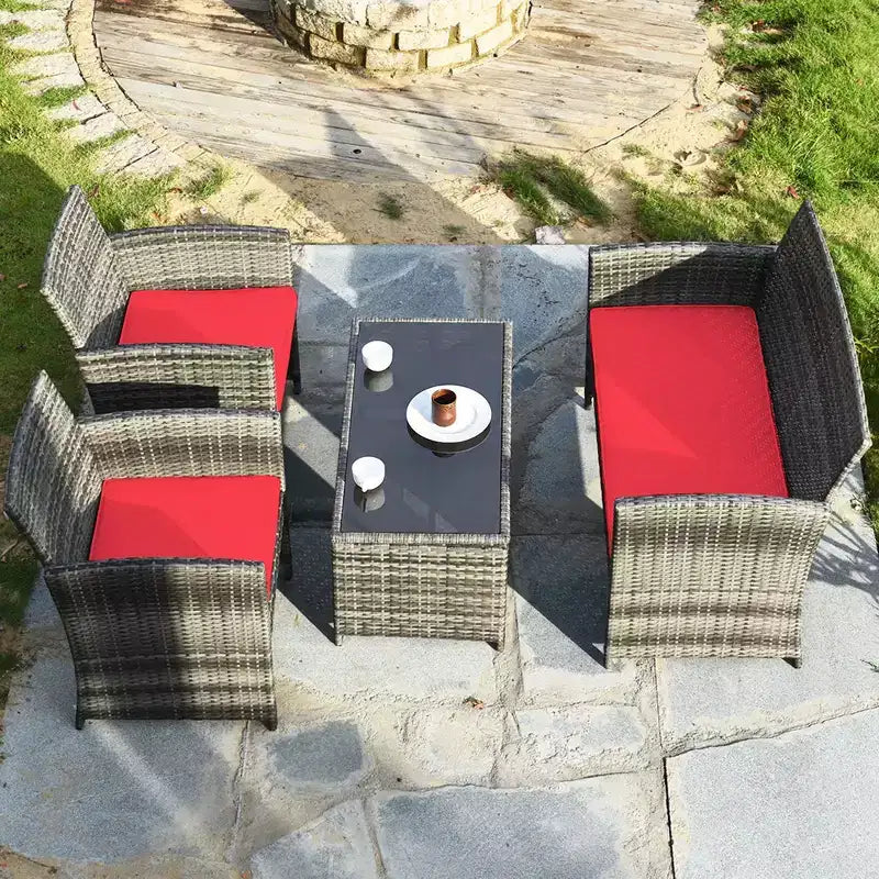 Costway 4PCS Patio Rattan Furniture Set Conversation Glass Table Top Cushioned Turquoise/Red/Grey/Beige/Navy/Black