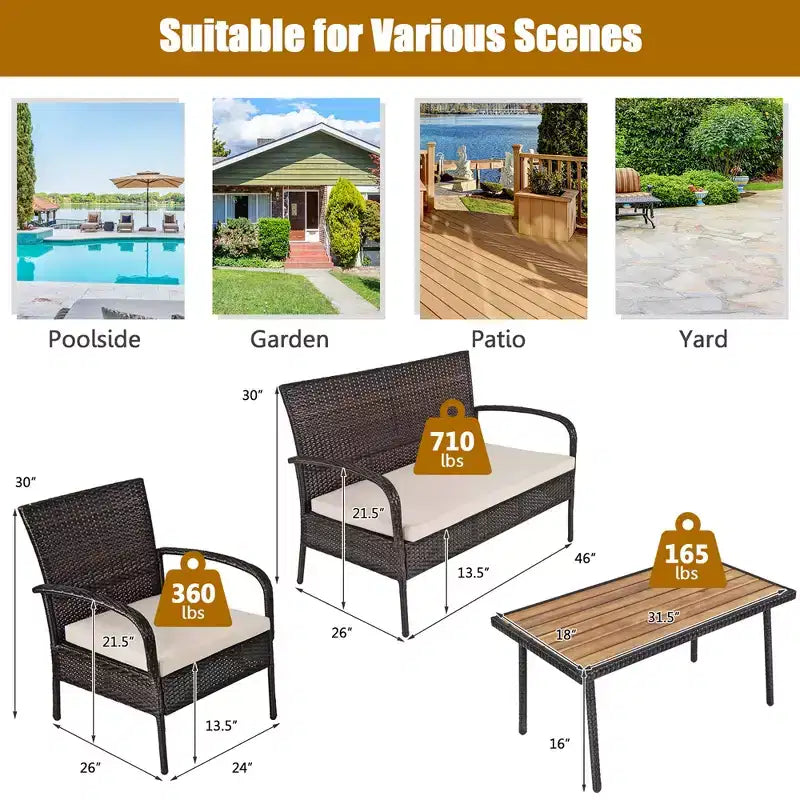 Ensemble de mobilier de patio en rotin Costway 4 pièces, salon de jardin avec table basse et coussins