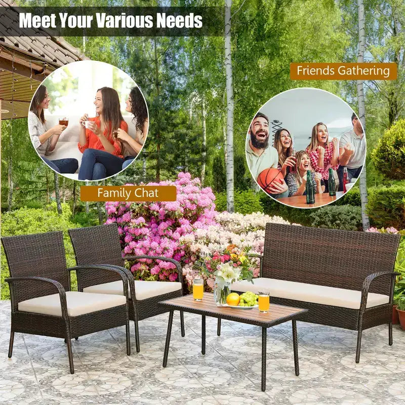 Ensemble de mobilier de patio en rotin Costway 4 pièces, salon de jardin avec table basse et coussins