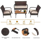 Ensemble de mobilier de patio en rotin Costway 4 pièces, salon de jardin avec table basse et coussins