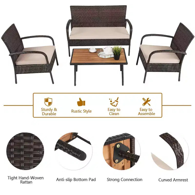 Ensemble de mobilier de patio en rotin Costway 4 pièces, salon de jardin avec table basse et coussins