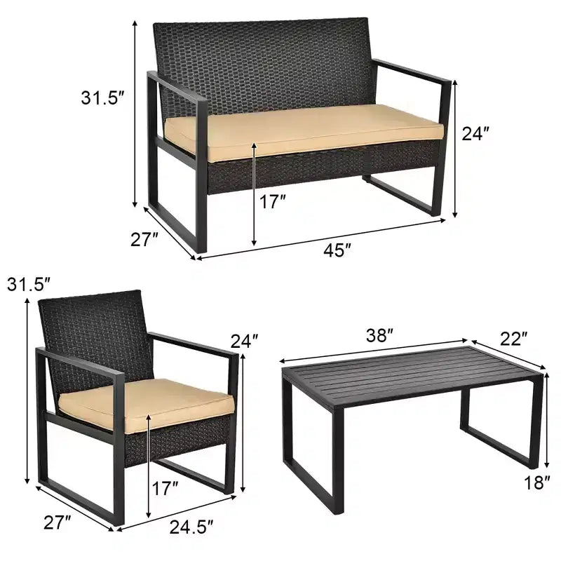 Costway 4 részes teraszrattan-bútor-garnitúra, párnázott kanapéval és dohányzóasztallal, kerti teraszra, barna