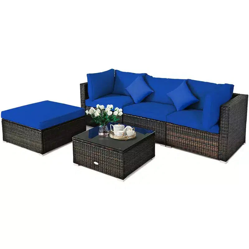Ensemble de mobilier de jardin en rotin Costway 5 pièces, canapé d’extérieur modulable, coussins turquoise\bleu marine
oir