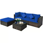 Ensemble de mobilier de jardin en rotin Costway 5 pièces, canapé d’extérieur modulable, coussins turquoise\bleu marine
oir