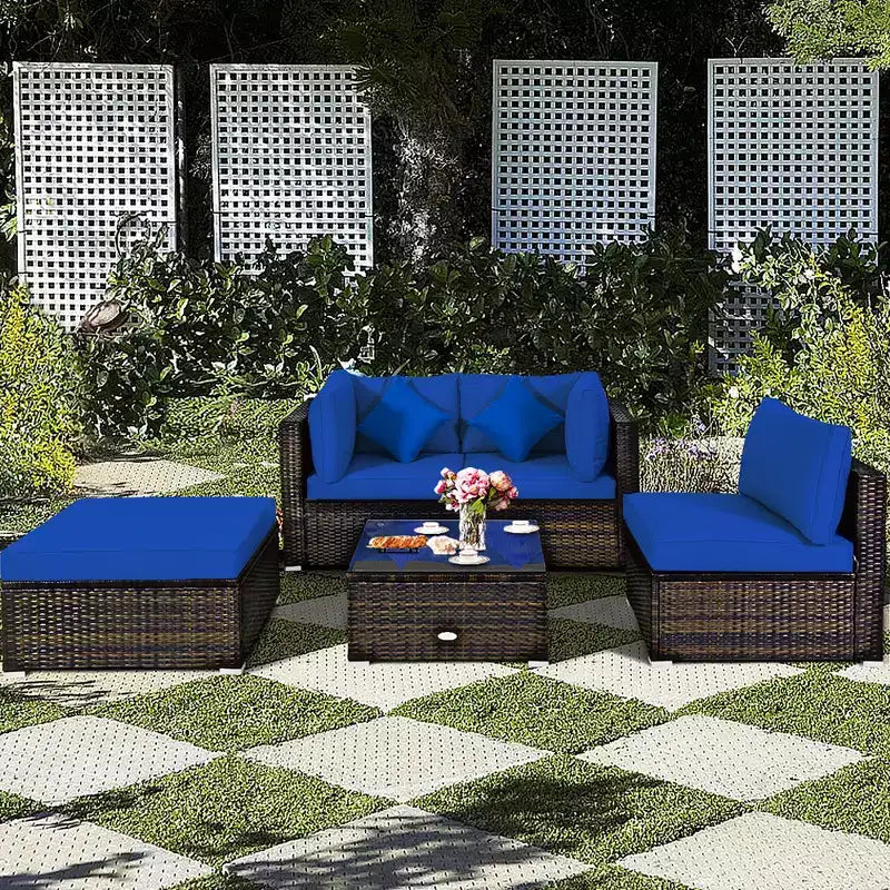 Ensemble de mobilier de jardin en rotin Costway 5 pièces, canapé d’extérieur modulable, coussins turquoise\bleu marine
oir