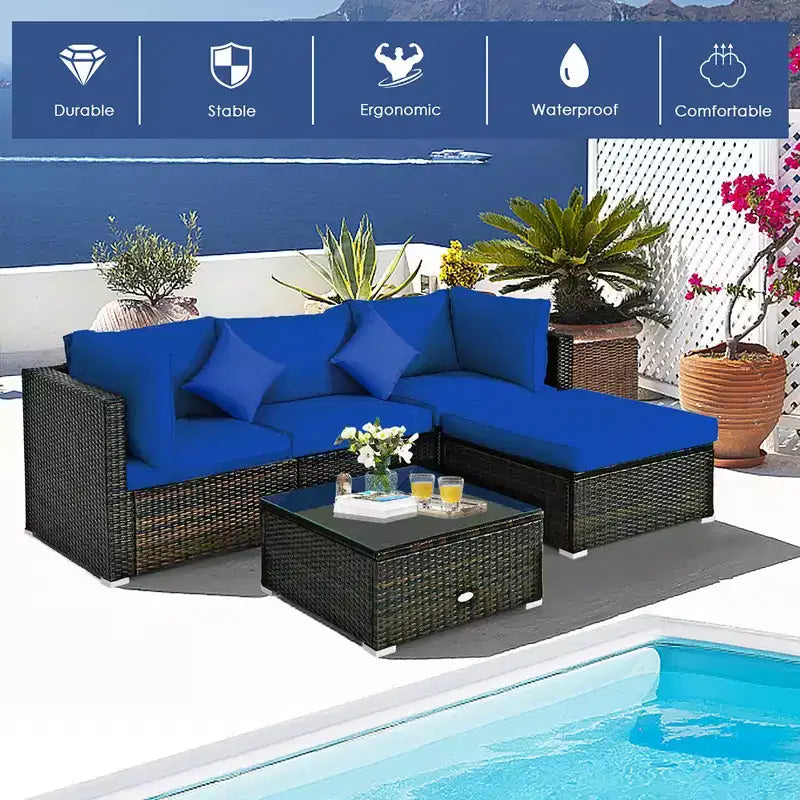 Ensemble de mobilier de jardin en rotin Costway 5 pièces, canapé d’extérieur modulable, coussins turquoise\bleu marine
oir