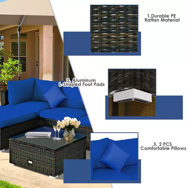 Ensemble de mobilier de jardin en rotin Costway 5 pièces, canapé d’extérieur modulable, coussins turquoise\bleu marine
oir