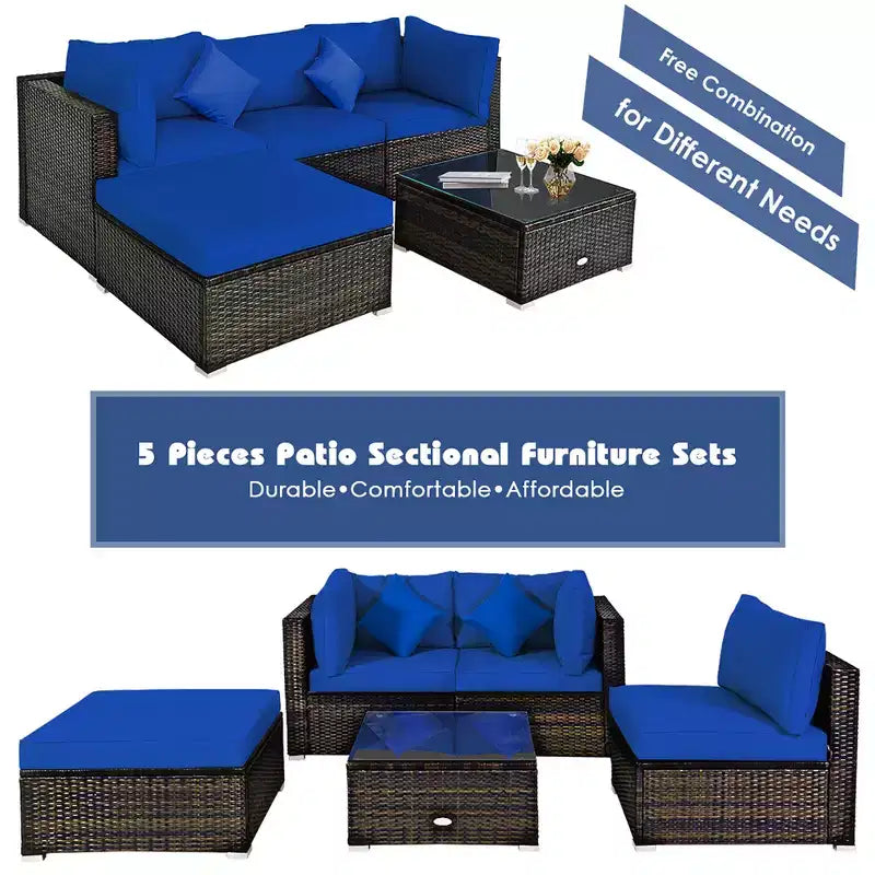 Ensemble de mobilier de jardin en rotin Costway 5 pièces, canapé d’extérieur modulable, coussins turquoise\bleu marine
oir