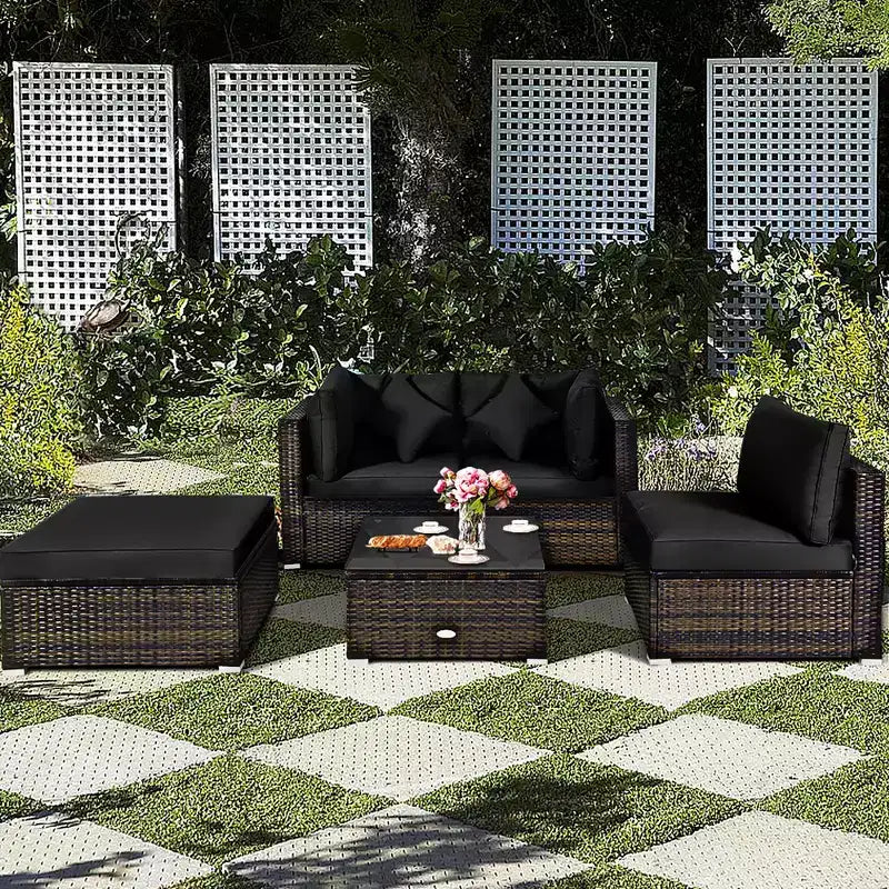 Ensemble de mobilier de jardin en rotin Costway 5 pièces, canapé d’extérieur modulable, coussins turquoise\bleu marine
oir