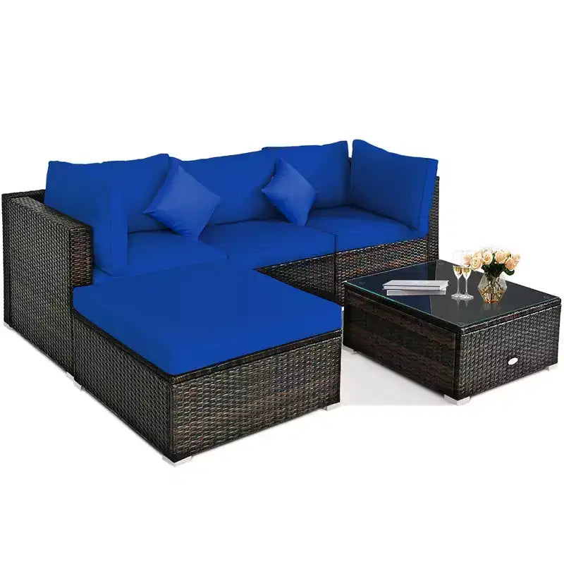 Ensemble de mobilier de jardin en rotin Costway 5 pièces, canapé d’extérieur modulable, coussins turquoise\bleu marine
oir