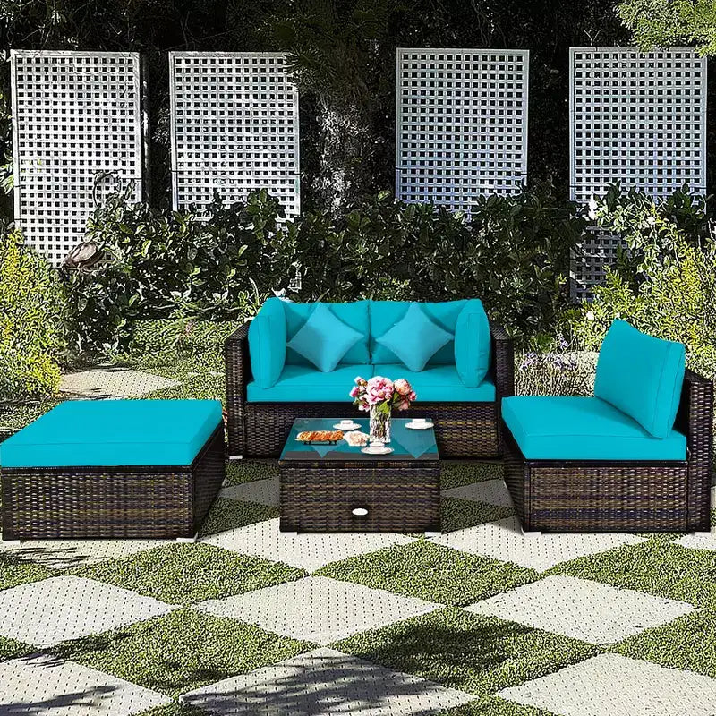 Ensemble de mobilier de jardin en rotin Costway 5 pièces, canapé d’extérieur modulable, coussins turquoise\bleu marine
oir