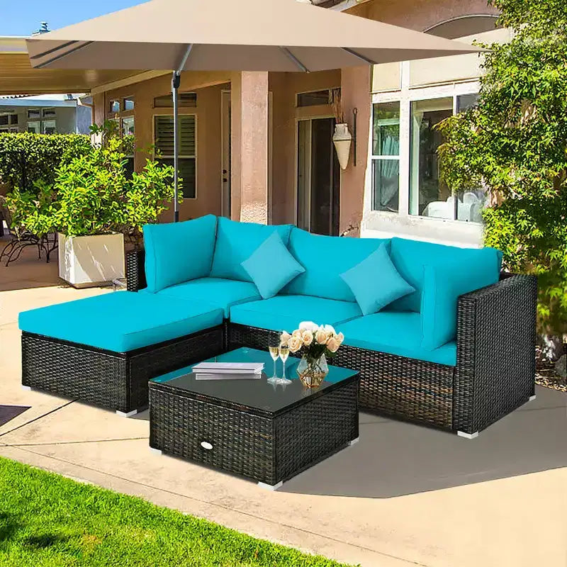 Ensemble de mobilier de jardin en rotin Costway 5 pièces, canapé d’extérieur modulable, coussins turquoise\bleu marine
oir