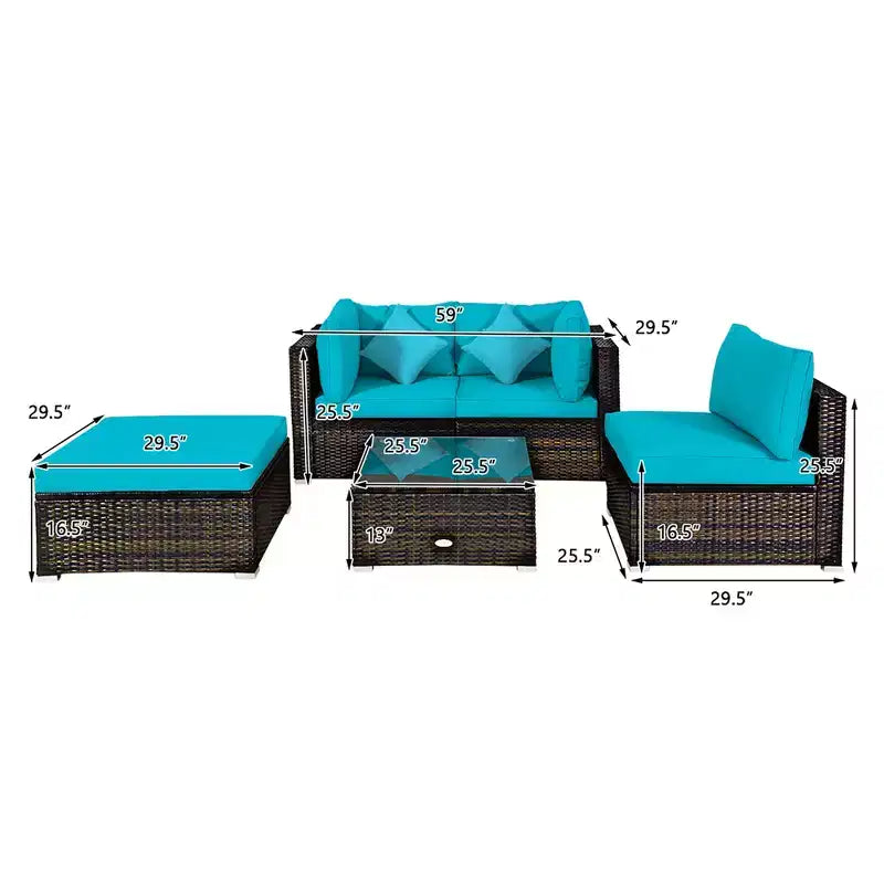 Ensemble de mobilier de jardin en rotin Costway 5 pièces, canapé d’extérieur modulable, coussins turquoise\bleu marine
oir