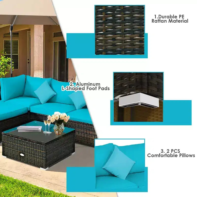 Ensemble de mobilier de jardin en rotin Costway 5 pièces, canapé d’extérieur modulable, coussins turquoise\bleu marine
oir