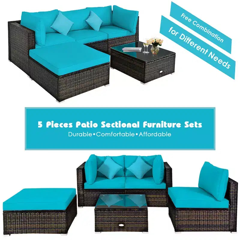 Ensemble de mobilier de jardin en rotin Costway 5 pièces, canapé d’extérieur modulable, coussins turquoise\bleu marine
oir