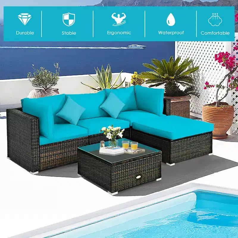 Ensemble de mobilier de jardin en rotin Costway 5 pièces, canapé d’extérieur modulable, coussins turquoise\bleu marine
oir