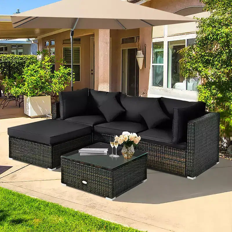 Ensemble de mobilier de jardin en rotin Costway 5 pièces, canapé d’extérieur modulable, coussins turquoise\bleu marine
oir