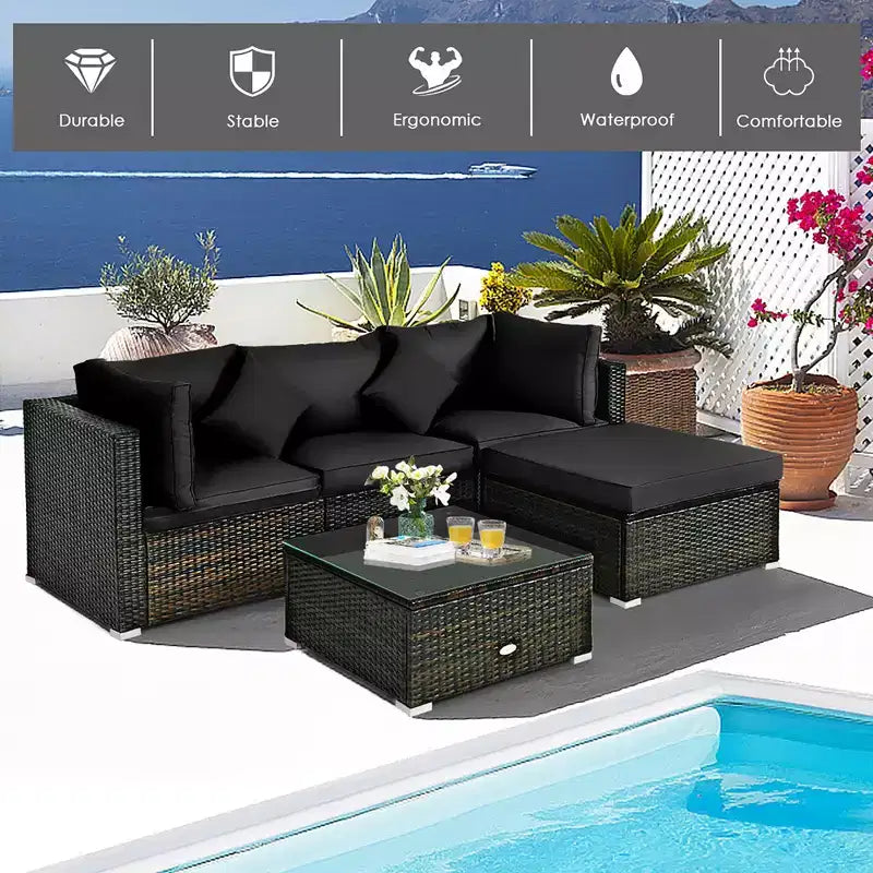 Ensemble de mobilier de jardin en rotin Costway 5 pièces, canapé d’extérieur modulable, coussins turquoise\bleu marine
oir
