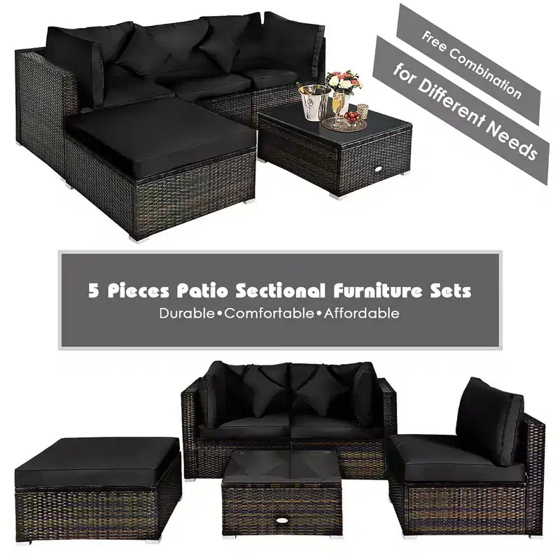 Ensemble de mobilier de jardin en rotin Costway 5 pièces, canapé d’extérieur modulable, coussins turquoise\bleu marine
oir