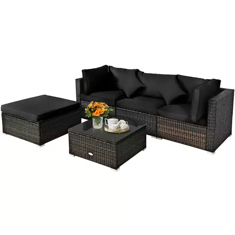 Ensemble de mobilier de jardin en rotin Costway 5 pièces, canapé d’extérieur modulable, coussins turquoise\bleu marine
oir