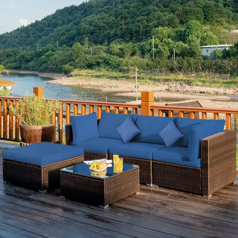 Set di mobili da patio da esterno Costway da 5 pezzi in rattan, componibile, per conversazione, Turchese\Blu navy\Cuscino nero
