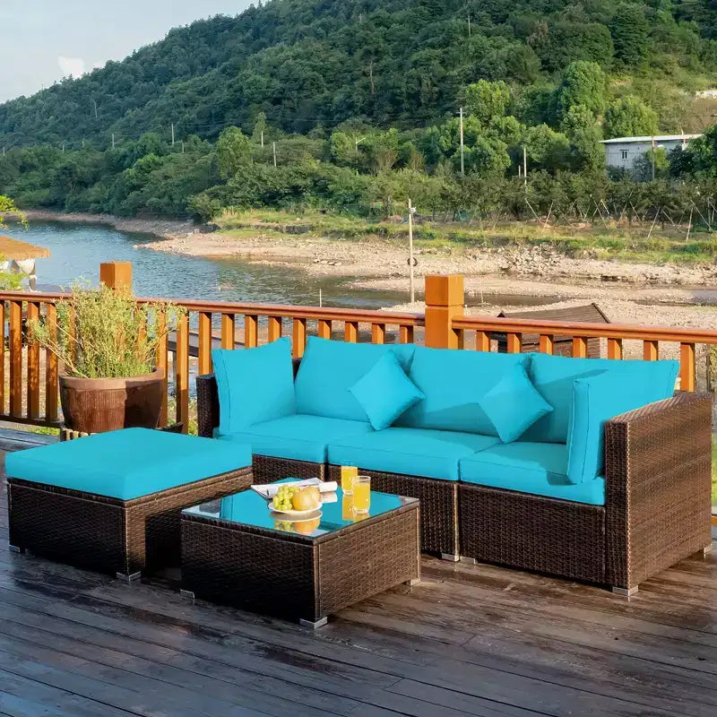 Set di mobili da patio da esterno Costway da 5 pezzi in rattan, componibile, per conversazione, Turchese\Blu navy\Cuscino nero