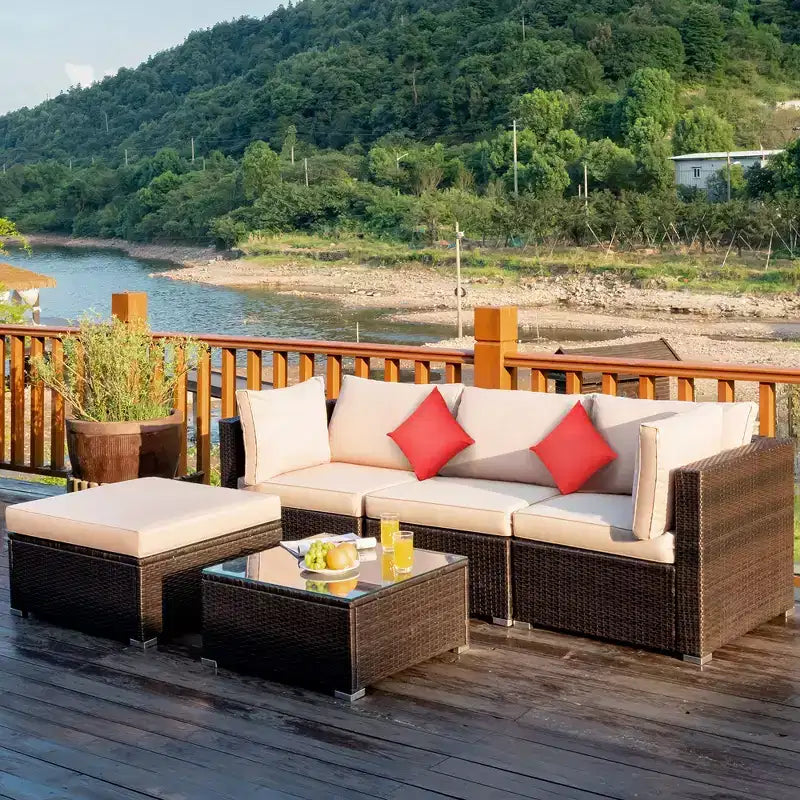 Costway 5PCS Outdoor Patio Rattan Furniture Set Sectional Conversation W/Beige Cushion