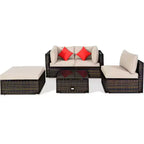 Costway Ensemble de mobilier de terrasse extérieur en rotin de 5 pièces, ensemble de conversation modulaire avec coussin beige