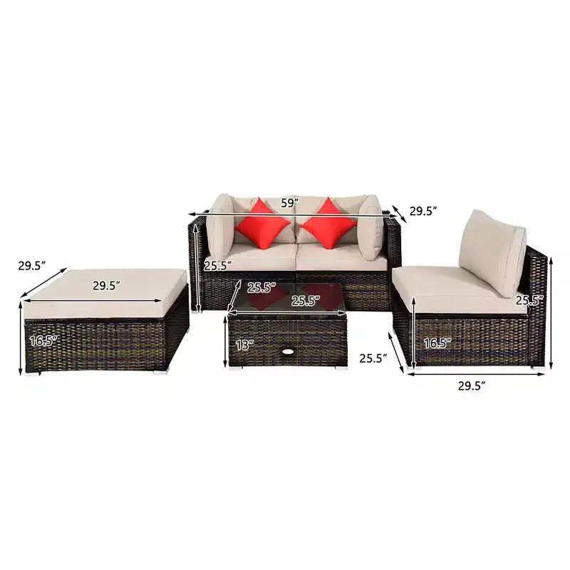 Costway Ensemble de mobilier de terrasse extérieur en rotin de 5 pièces, ensemble de conversation modulaire avec coussin beige