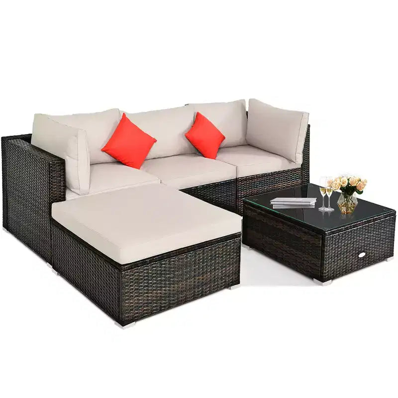 Costway Ensemble de mobilier de terrasse extérieur en rotin de 5 pièces, ensemble de conversation modulaire avec coussin beige