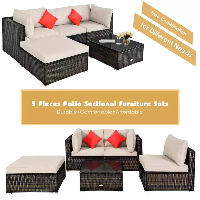 Costway Ensemble de mobilier de terrasse extérieur en rotin de 5 pièces, ensemble de conversation modulaire avec coussin beige