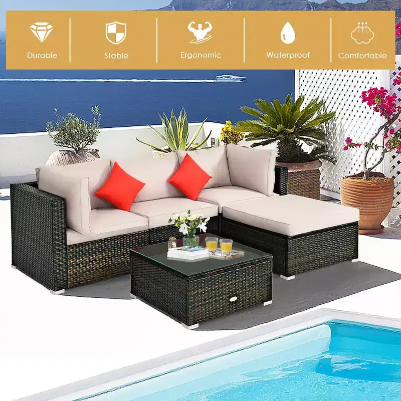 Costway Ensemble de mobilier de terrasse extérieur en rotin de 5 pièces, ensemble de conversation modulaire avec coussin beige