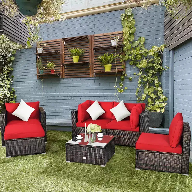 Set Costway da patio in rattan da 6 pezzi, con divano imbottito e tavolino da caffè