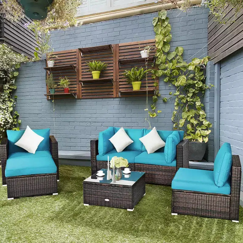 Set Costway da patio in rattan da 6 pezzi, con divano imbottito e tavolino da caffè