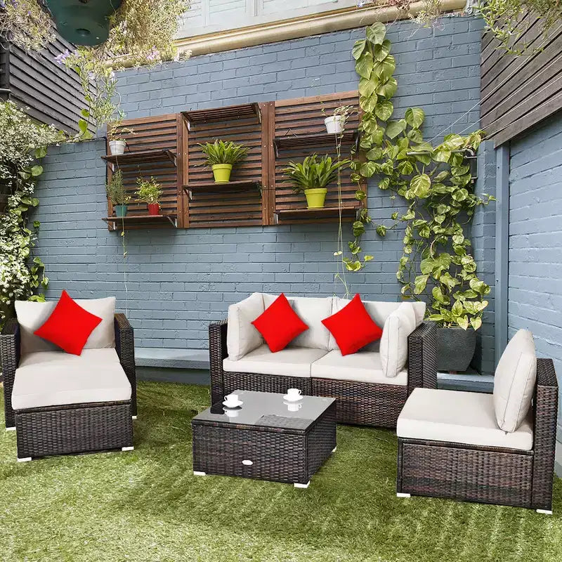 Set Costway da patio in rattan da 6 pezzi, con divano imbottito e tavolino da caffè