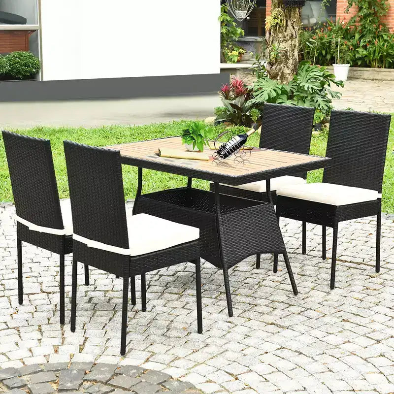 Ensemble de mobilier de patio en rotin Costway, 5 pièces, table avec plateau en bois et chaises avec coussins, jardin/cour/terrasse