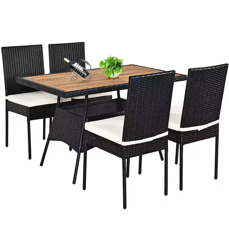 Ensemble de mobilier de patio en rotin Costway, 5 pièces, table avec plateau en bois et chaises avec coussins, jardin/cour/terrasse