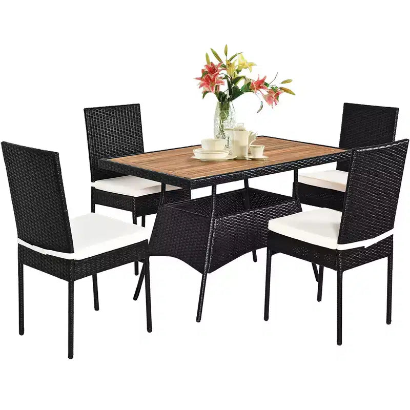 Ensemble de mobilier de patio en rotin Costway, 5 pièces, table avec plateau en bois et chaises avec coussins, jardin/cour/terrasse