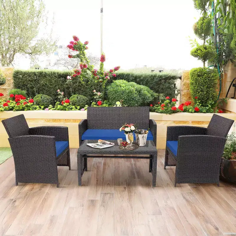 Costway Ensemble de mobilier de terrasse en rotin de 8 pièces avec chaises rembourrées, canapé et table basse blanc\marine	urquoiseouge