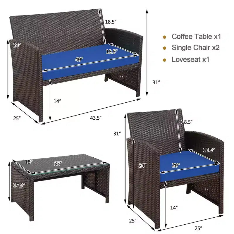 Costway Ensemble de mobilier de terrasse en rotin de 8 pièces avec chaises rembourrées, canapé et table basse blanc\marine	urquoiseouge