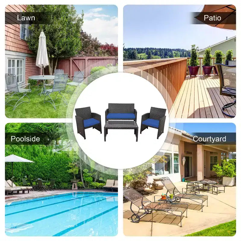 Costway Ensemble de mobilier de terrasse en rotin de 8 pièces avec chaises rembourrées, canapé et table basse blanc\marine	urquoiseouge