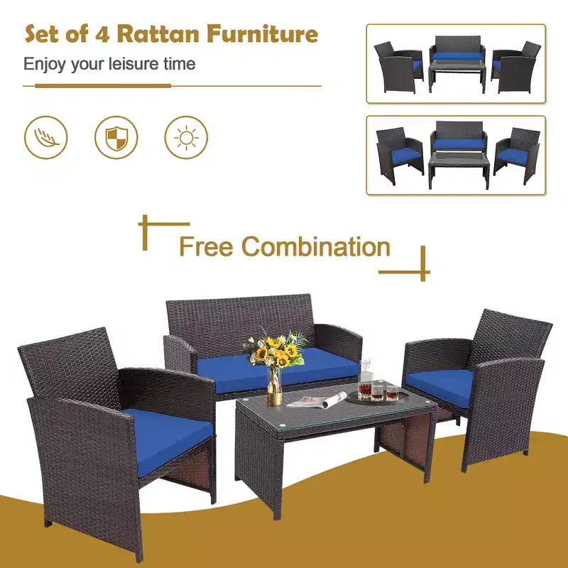 Costway Ensemble de mobilier de terrasse en rotin de 8 pièces avec chaises rembourrées, canapé et table basse blanc\marine	urquoiseouge