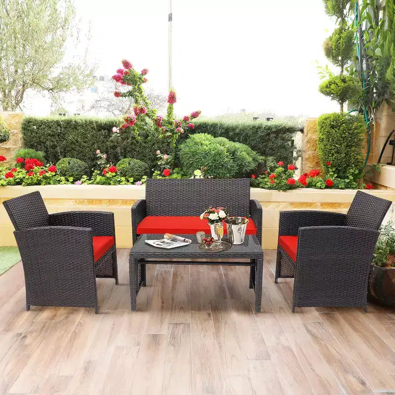Costway Ensemble de mobilier de terrasse en rotin de 8 pièces avec chaises rembourrées, canapé et table basse blanc\marine	urquoiseouge